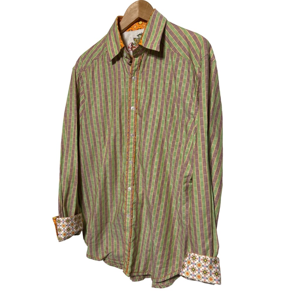 Unique Mens Button Down Shirt Green Purple Stripe Designer Long Sleeve Casual